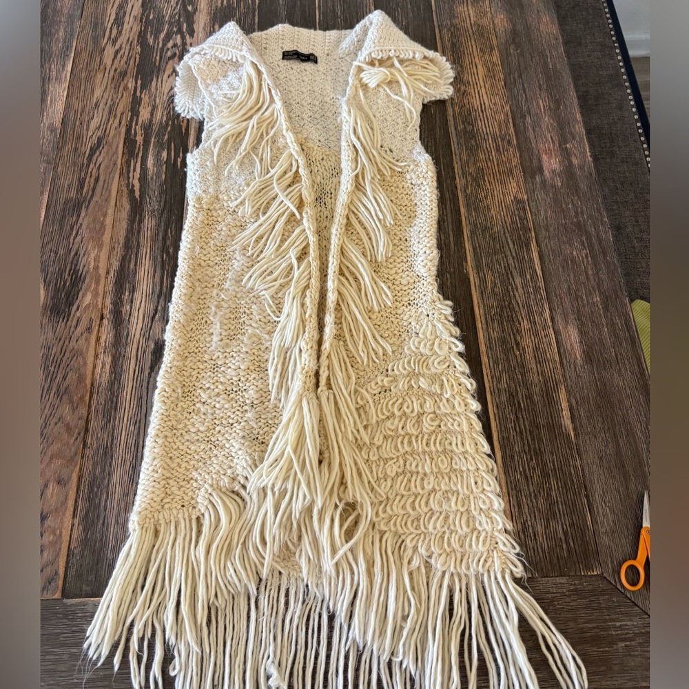Zara 2 tone shaggy wool boho fringe long knit vest shawl Cream medium